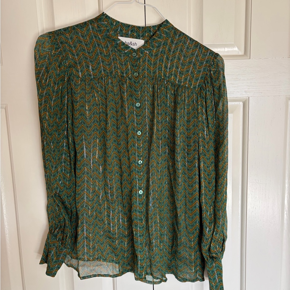 ba&sh Green Chevron Metallic-Thread Sheer Blouse - Picture 5 of 7